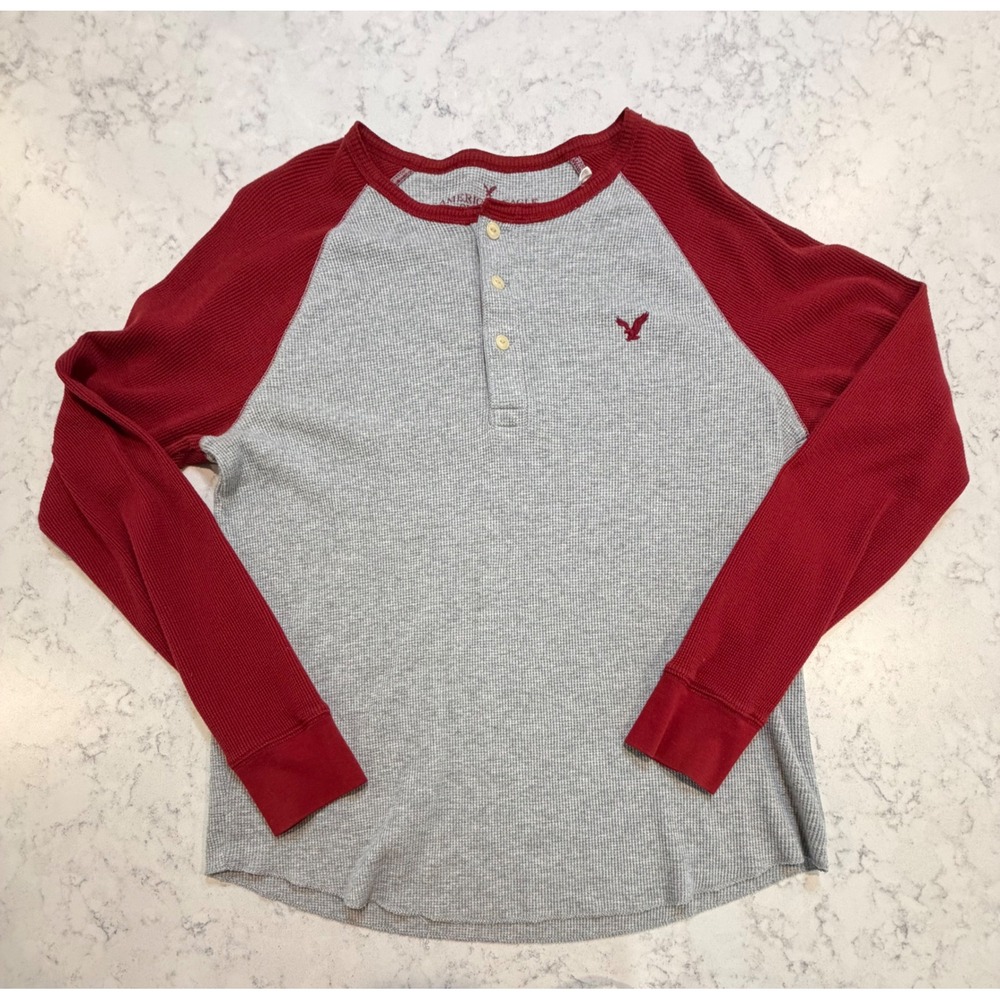 American Eagle Mens Large Waffle Knit Thermal Henley Raglan Shirt Grey‎ Red L